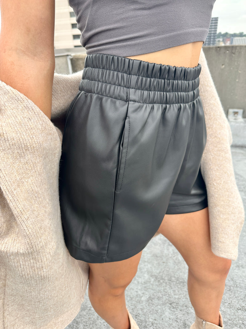 Elastic Waist Leather Shorts