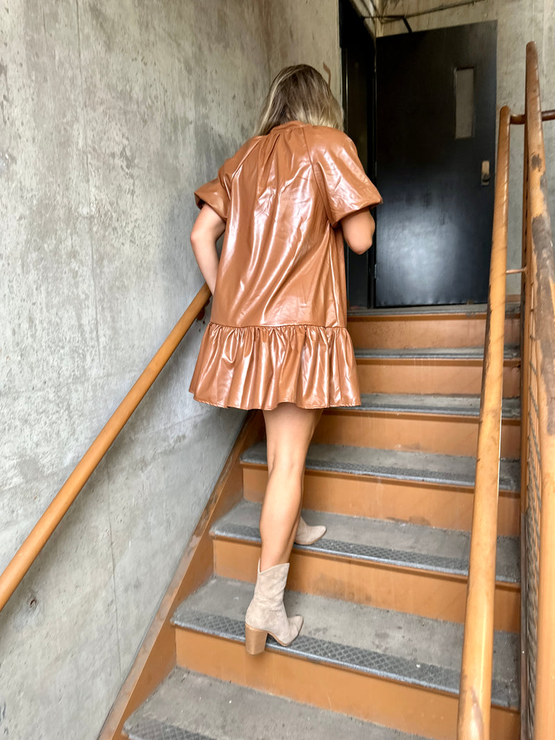 Faux Leather Puff Sleeve Dress