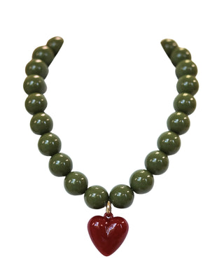 Green Red Beaded Heart Necklace