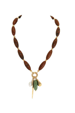 Brown Large Beaded Charm Necklace - The Pink Tulip Clothing
