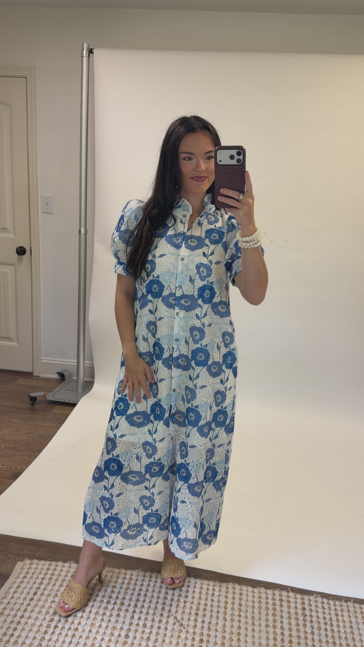 Blue Bloom Eyelet Floral Button Front Midi Dress