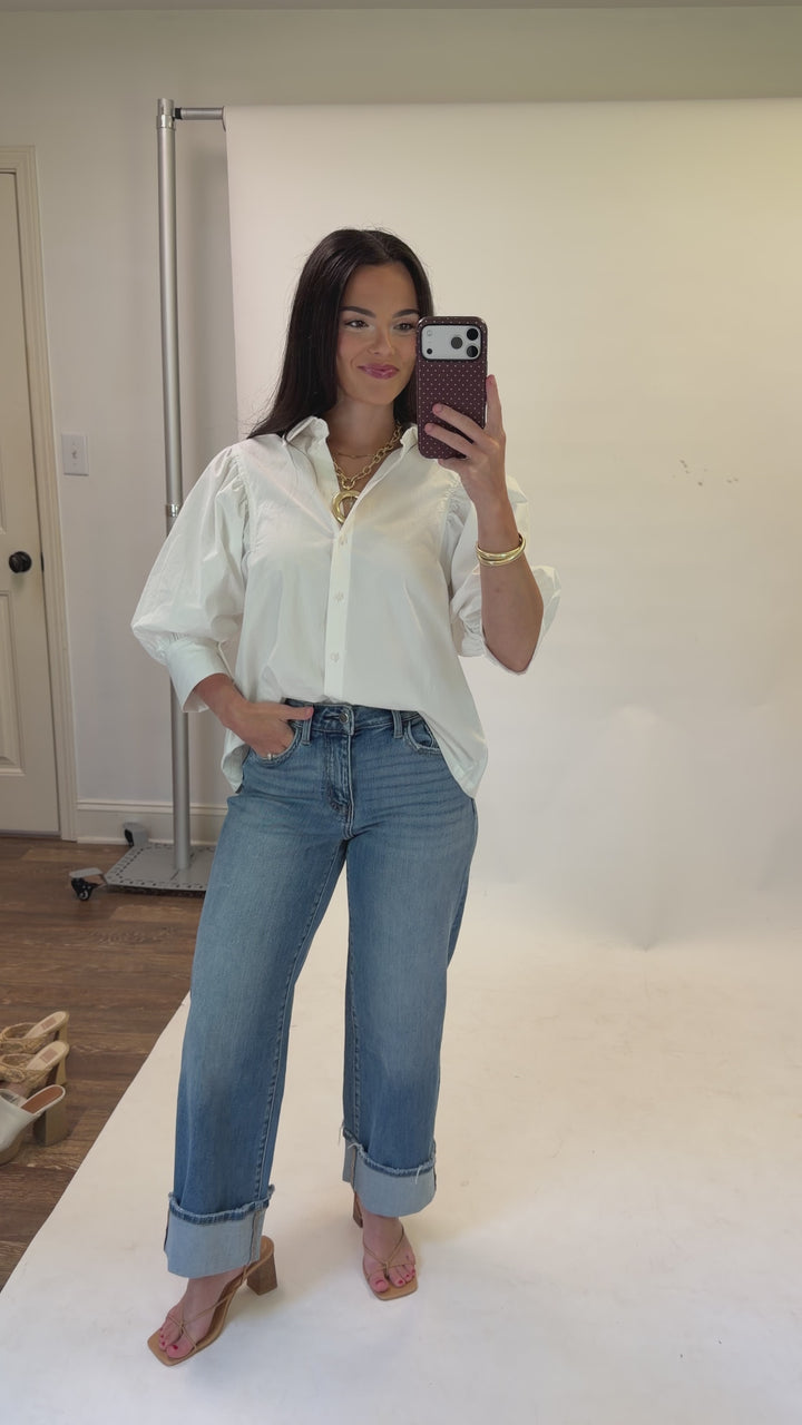 Buttoned Up White Collared 3/4 Sleeve Blouse