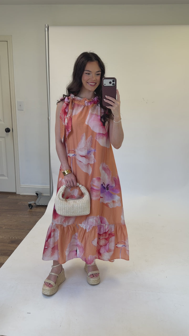 Already Booked Coral Floral Halter Midi Dress