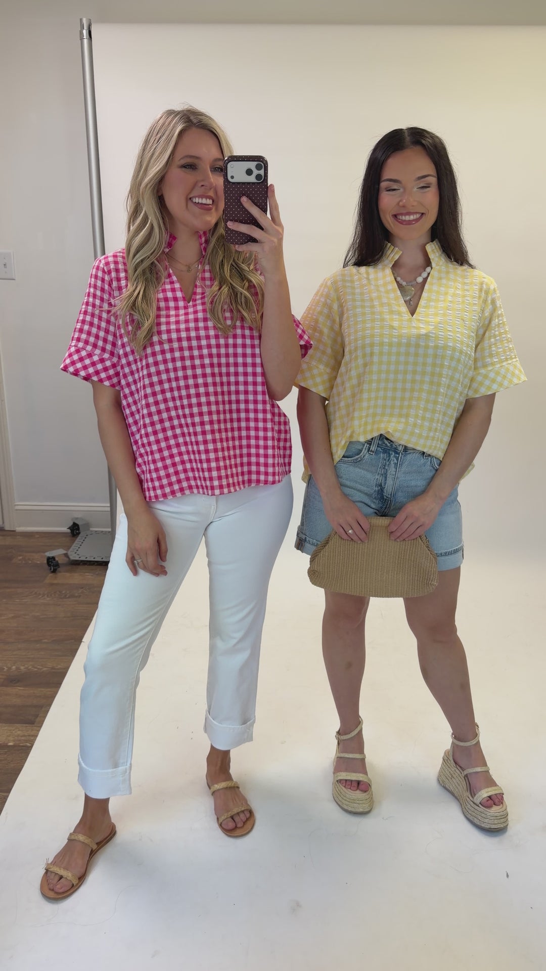 Check This Out Pink Gingham Ruffle Neck Blouse