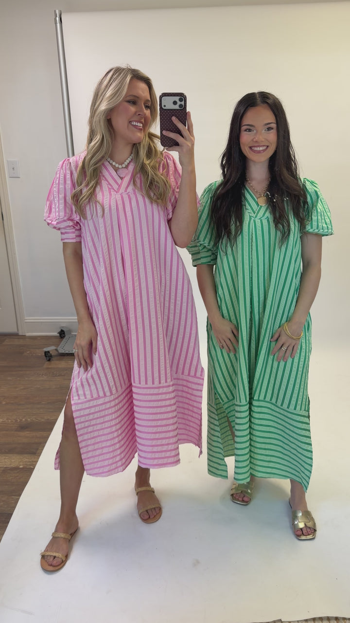 Day Maker Pink Stripe Collared Midi Dress