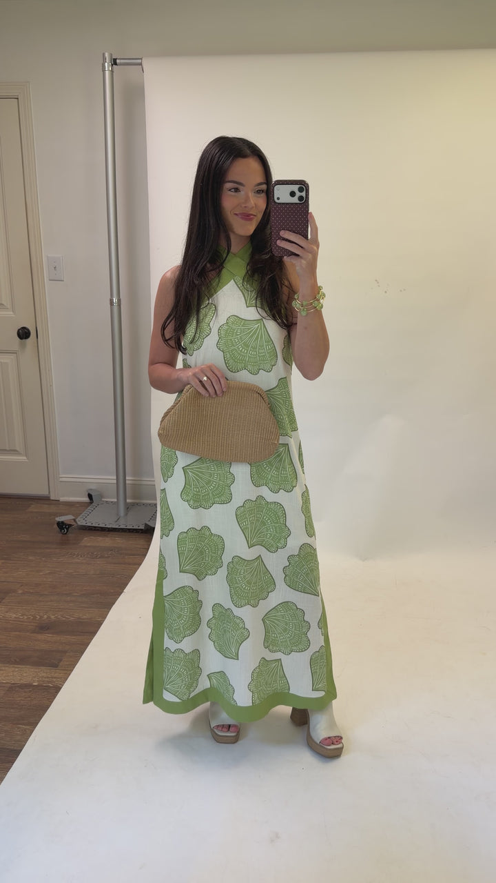Ocean View Halter Shell Print Midi Dress