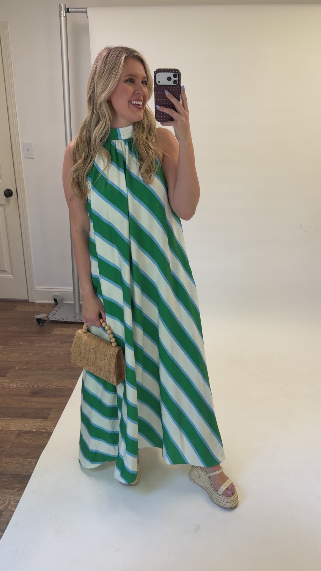 Angle Check Green Diagonal Stripe Halter Midi Dress