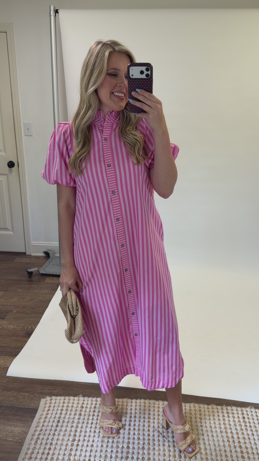 In Line Pink Tonal Stripe Collared Button Front Midi Dress