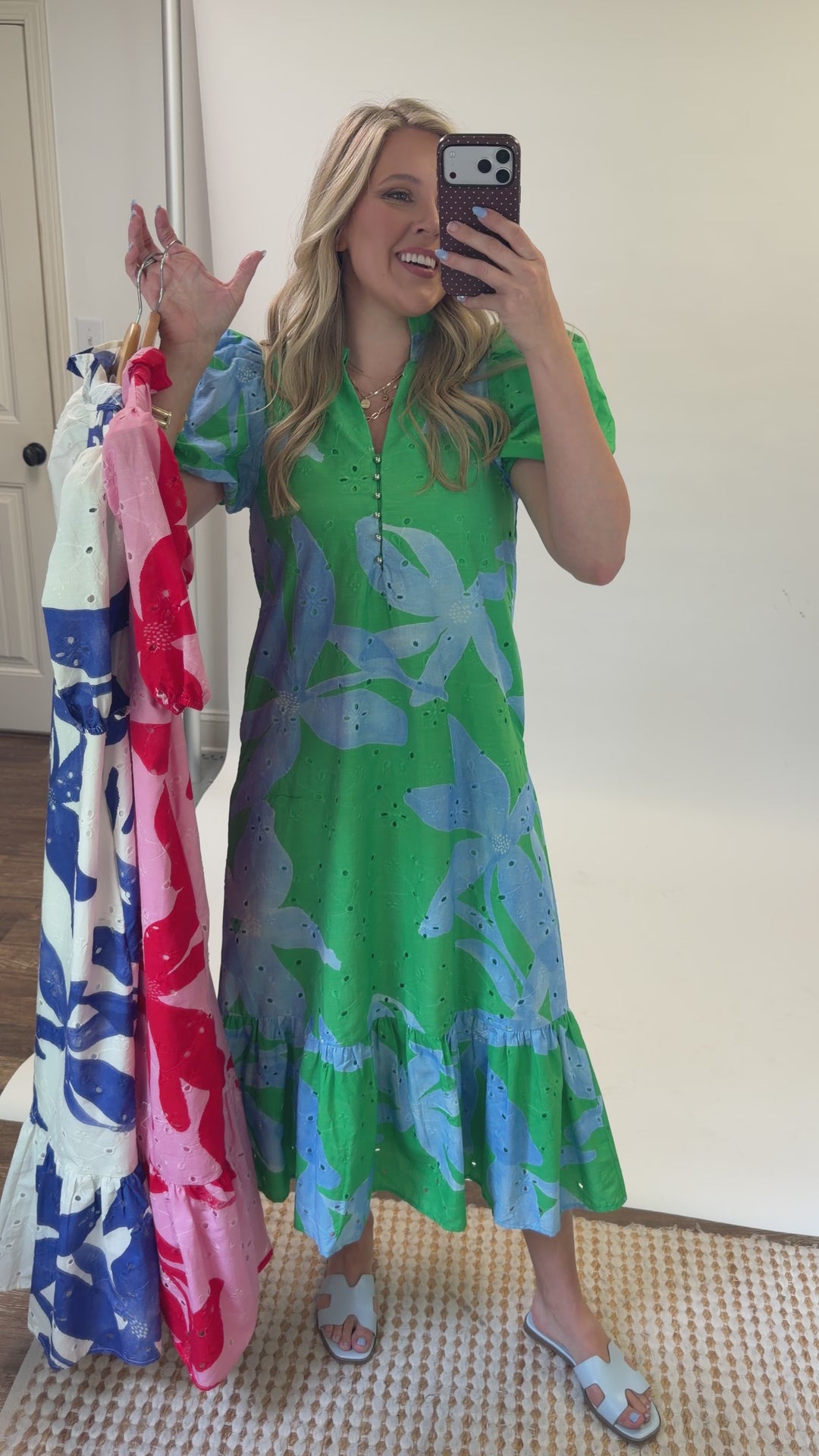 Green Light Floral Eyelet Ruffle Midi Dress