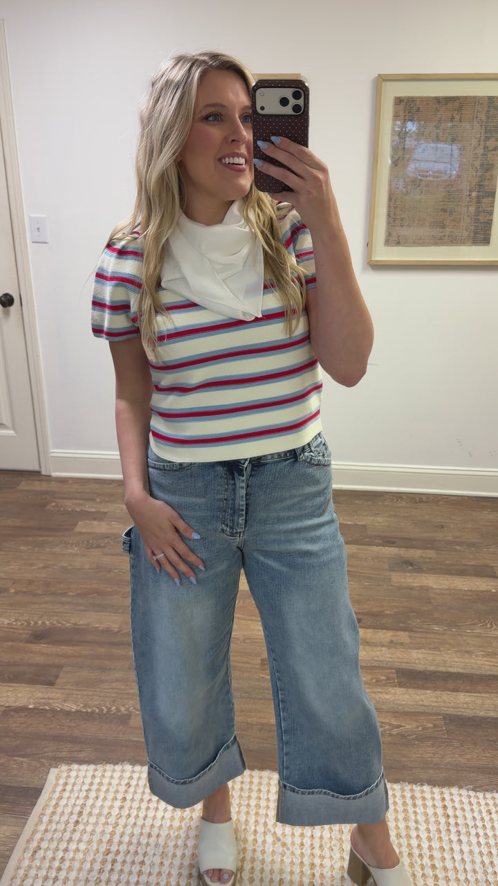 All Eyes Here Blue and Red Striped Sweater Top