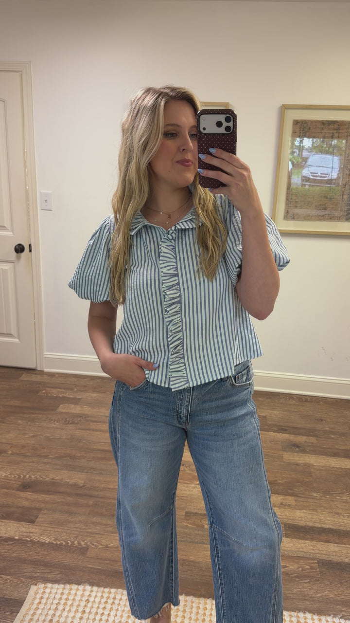 Front Row Multi Stripe Ruffle Neck Blouse