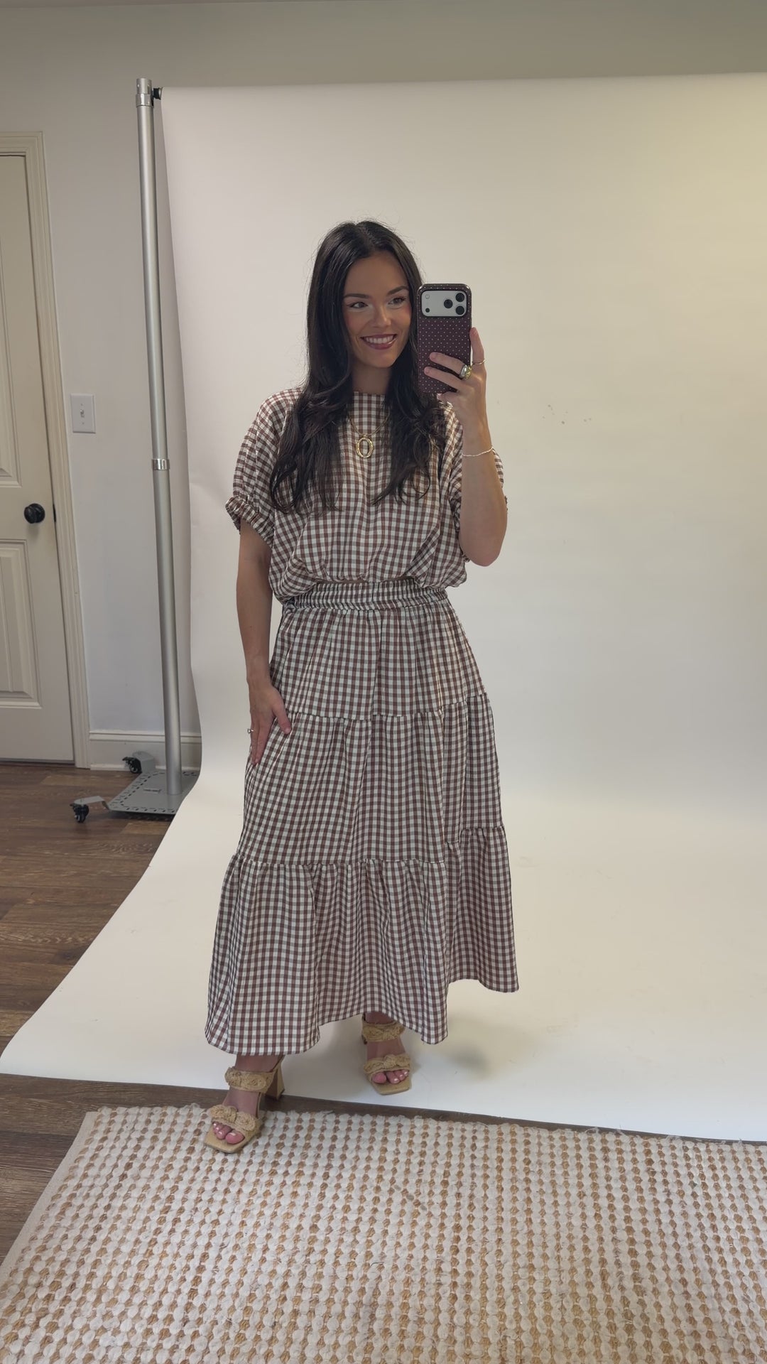 Checked Out Brown Tiered Check Midi Skirt