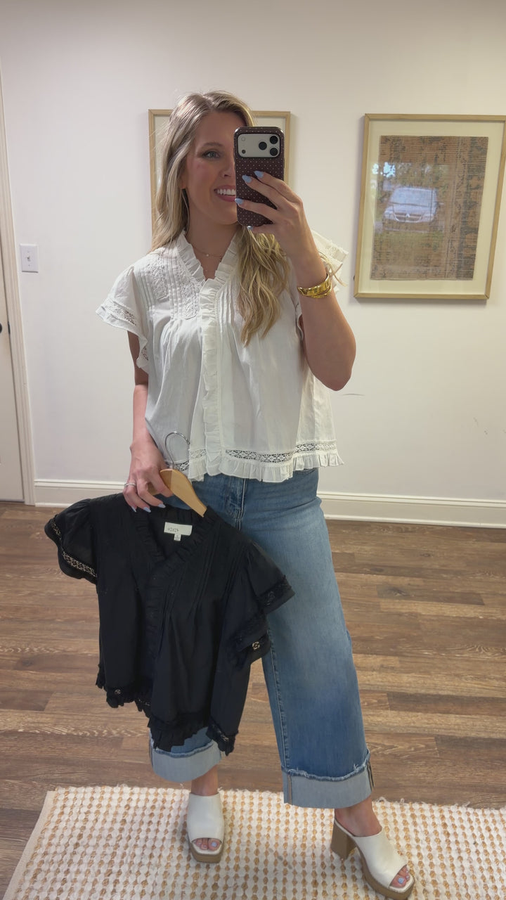 After Hours Lace Trim Ruffle Neck Top